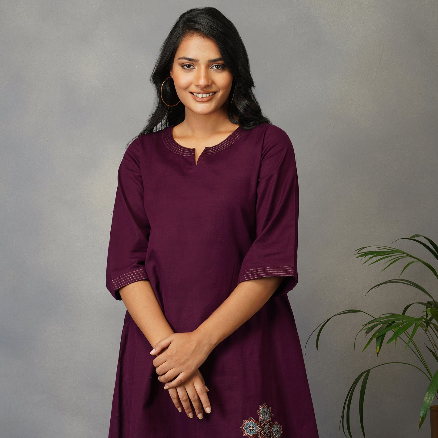 Mulberry (Purple) A Line Dress with Handblock Ajrak Patch Work