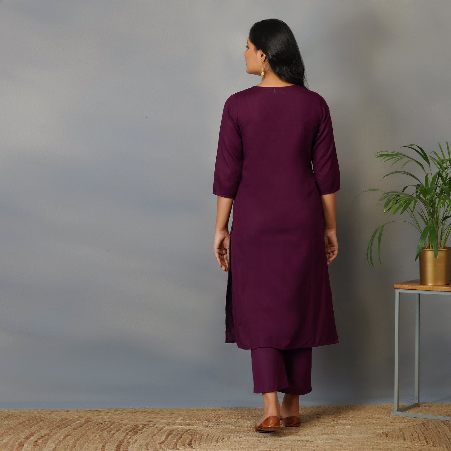 Mulberry (Purple) Straight Kurta with Ajrak Applique work set with Pants (Set of 2)