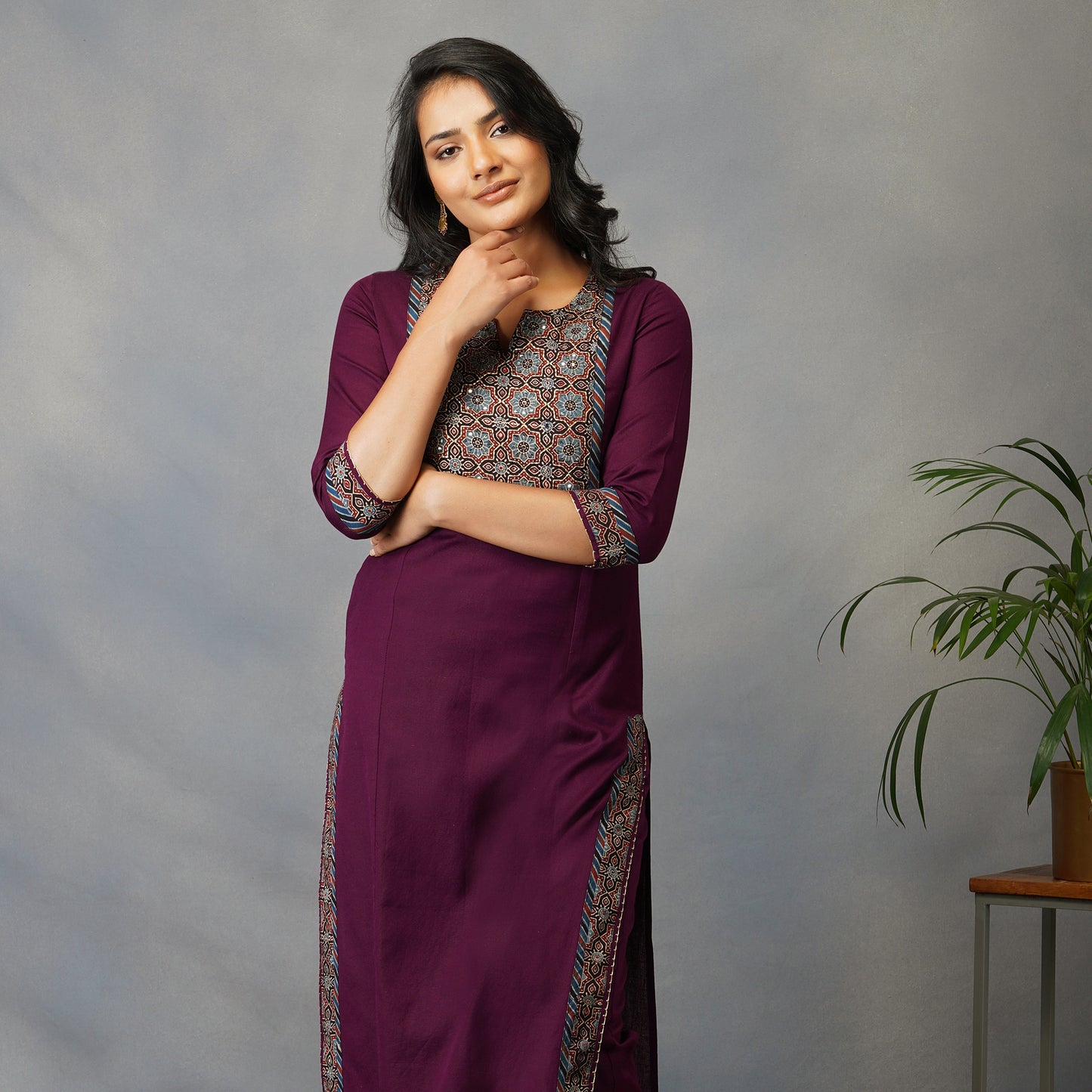 Mulberry (Purple) Straight Kurta with Ajrak Yoke in Zari Embroidery