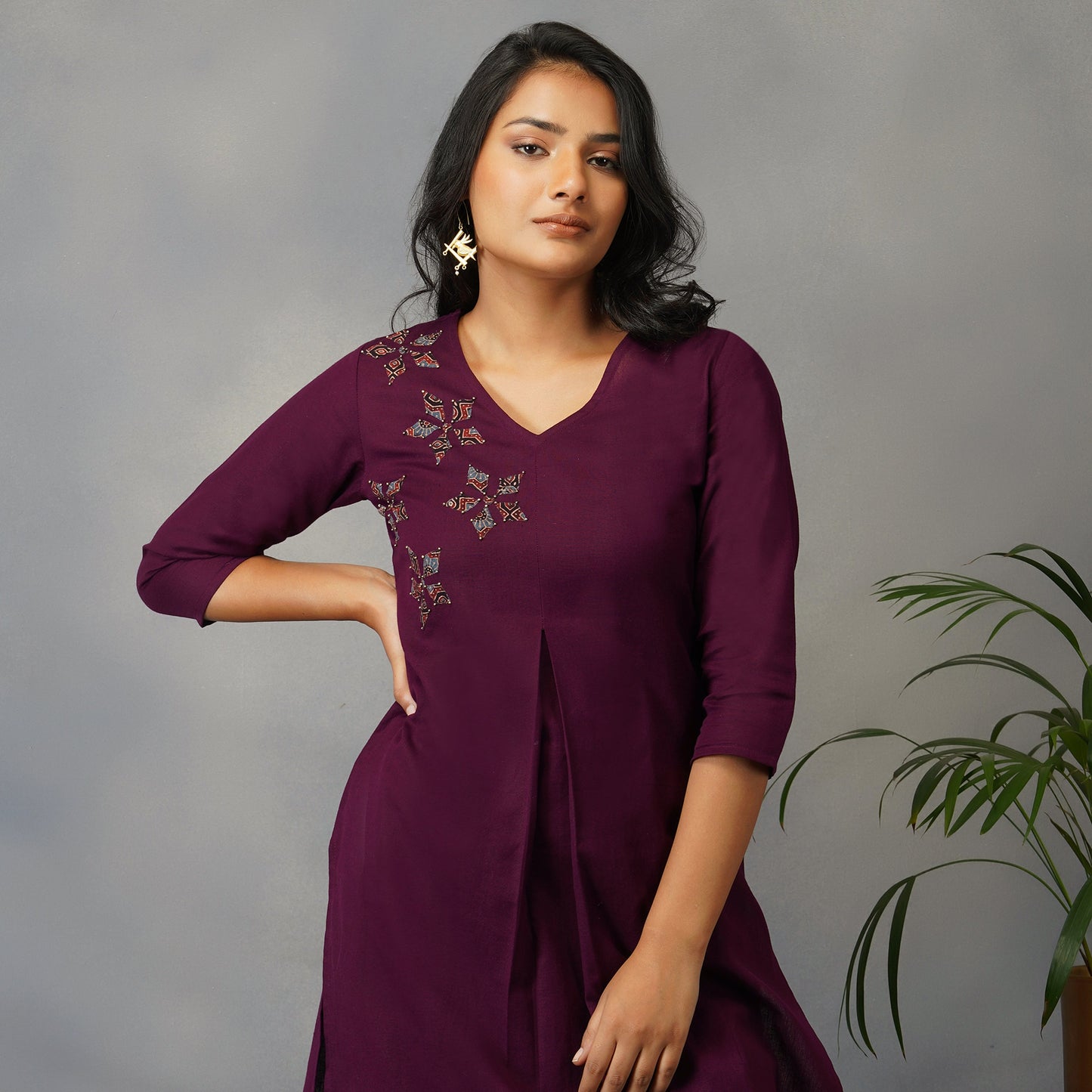 Mulberry (Purple) Straight Kurta with Ajrak Applique work set with Pants (Set of 2)