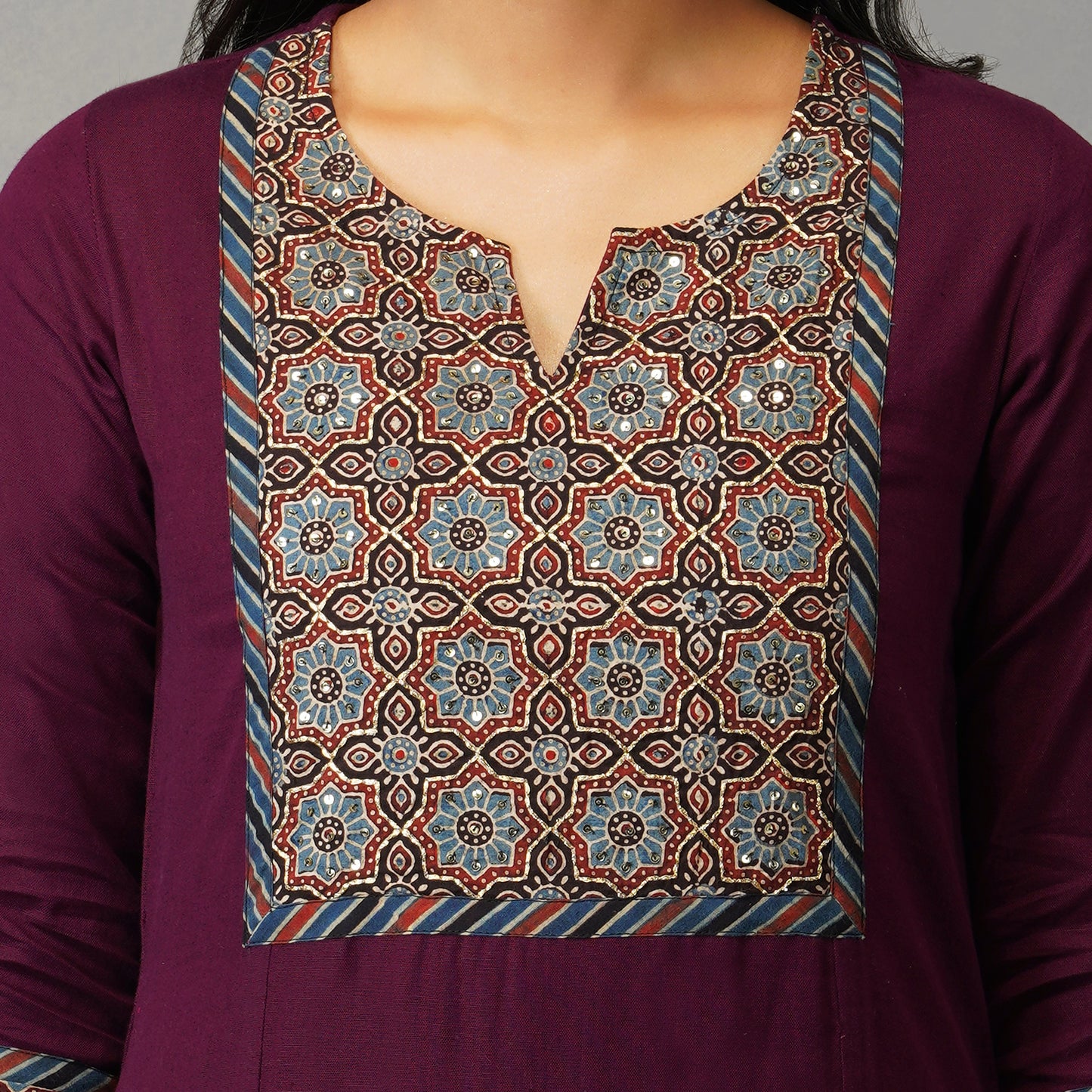 Mulberry (Purple) Straight Kurta with Ajrak Yoke in Zari Embroidery