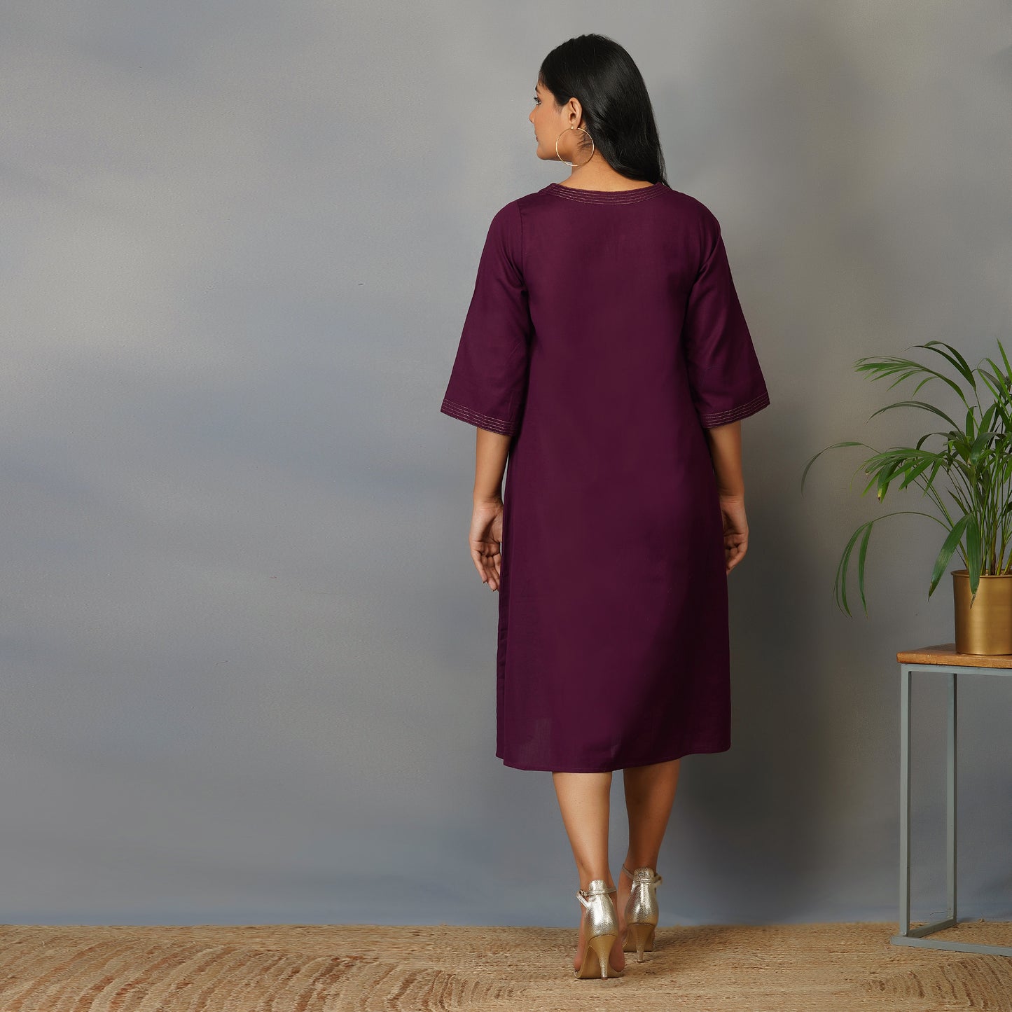 Mulberry (Purple) A Line Dress with Handblock Ajrak Patch Work
