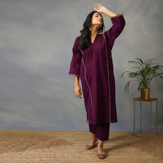 Mulberry (Purple) Phiran Style Kurta with Zari Embroidery Set with Pants (set of 2)