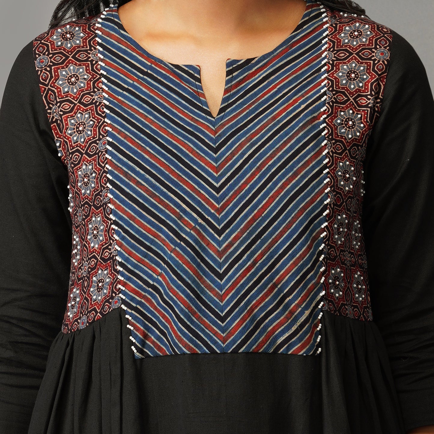 Black Side Panel Kurta with Handblock Ajrak