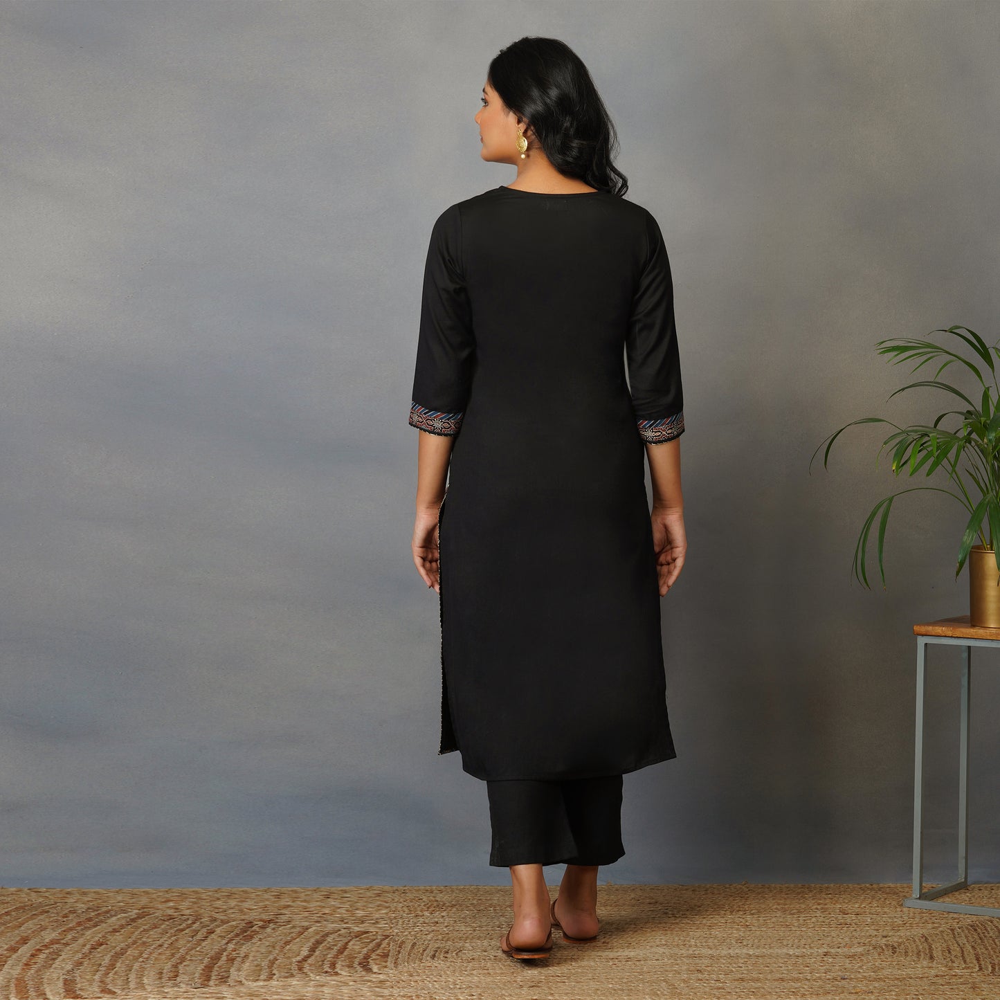 Black Straight Kurta with Ajrak Yoke in Zari Embroidery