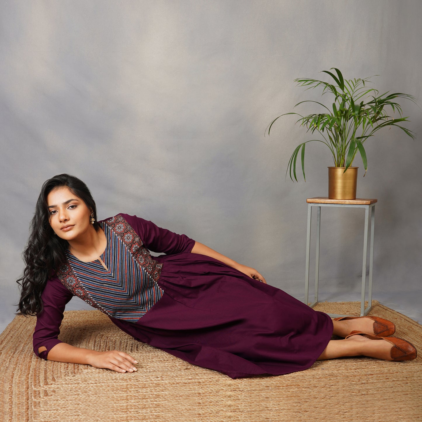Mulberry (Purple) Side Panel Kurta with Handblock Ajrak