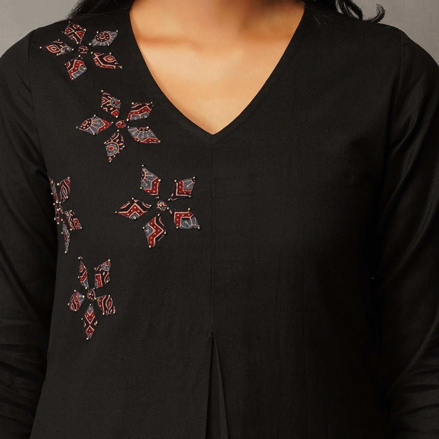 Black Straight Kurta with Ajrak Applique work
