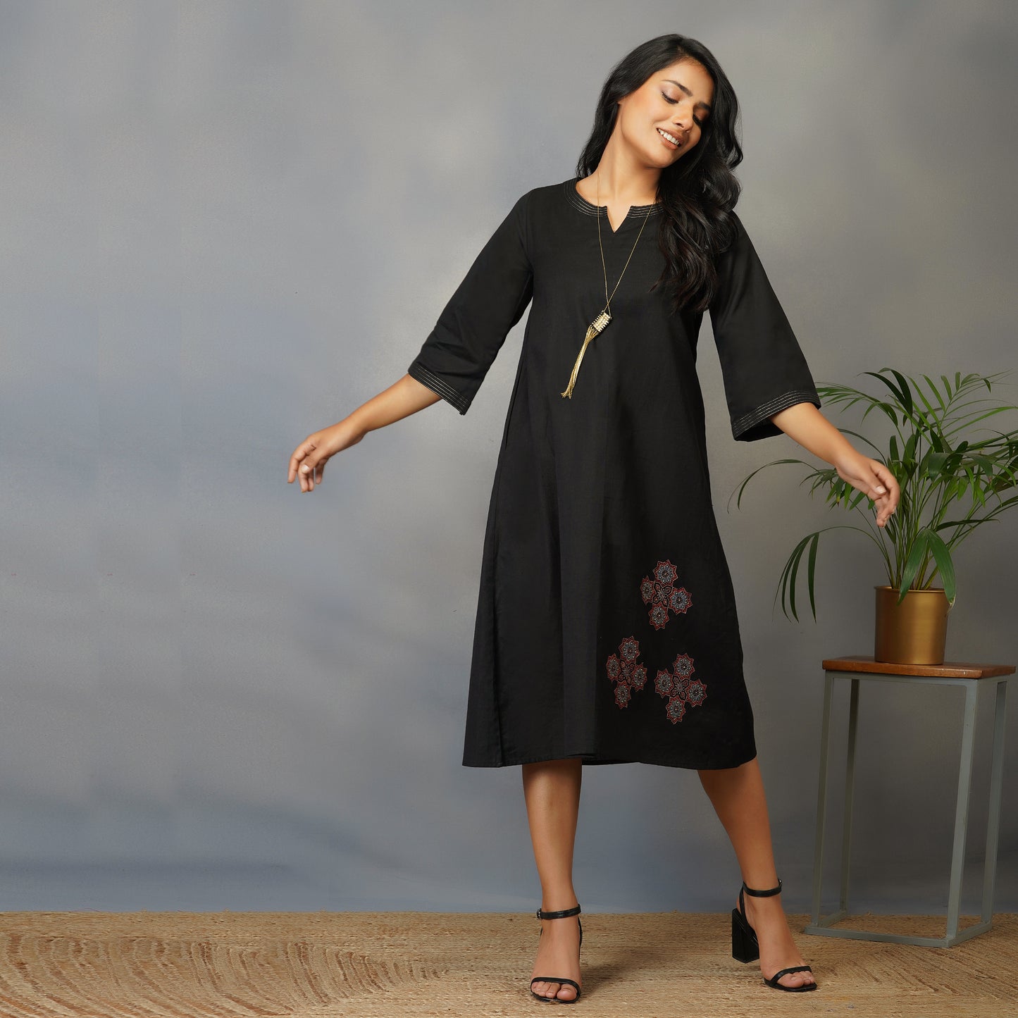 Black A Line Dress with Handblock Ajrak Patch Work