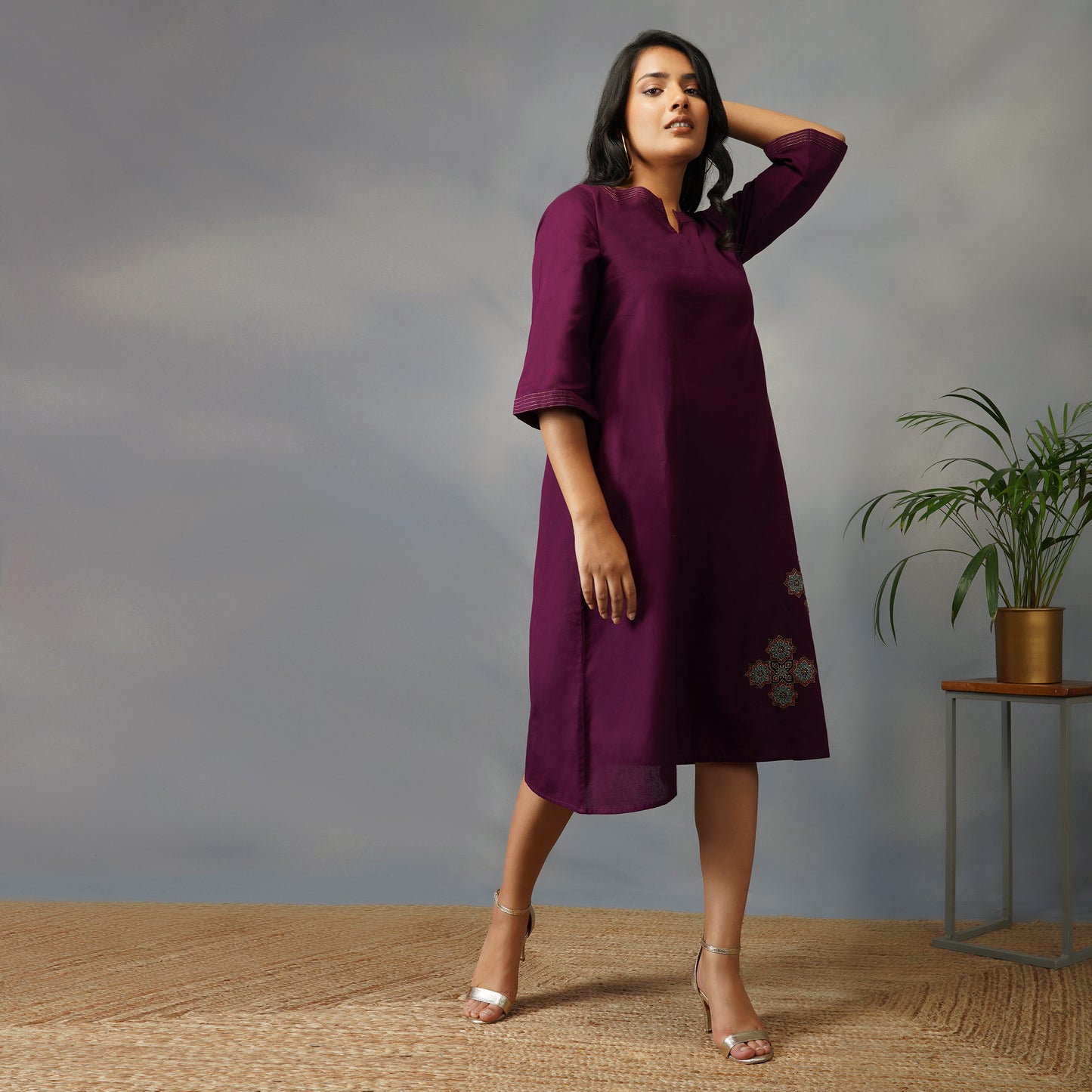 Mulberry (Purple) A Line Dress with Handblock Ajrak Patch Work