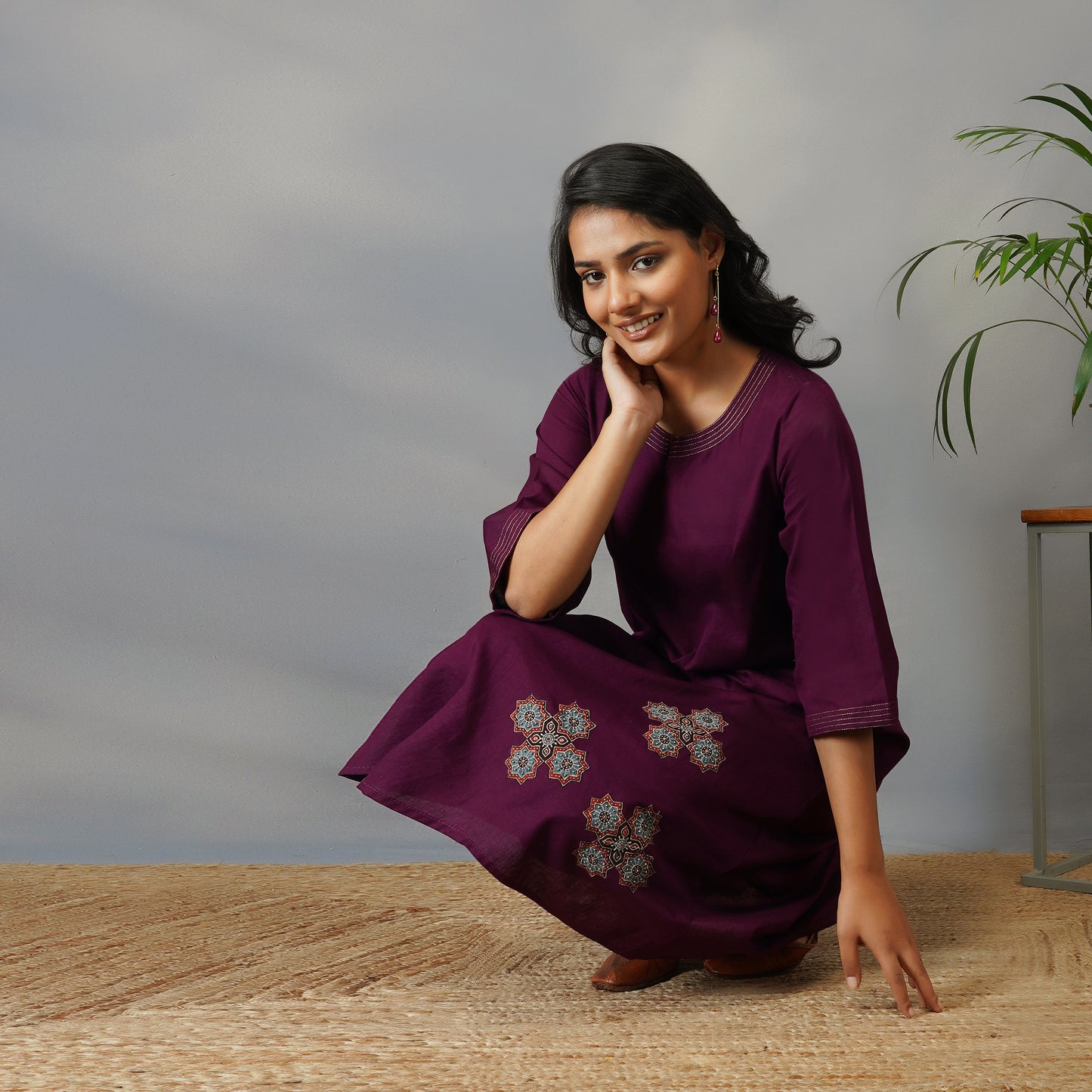 Mulberry (Purple) A Line Kurta with Handblock Ajrak Patch Work
