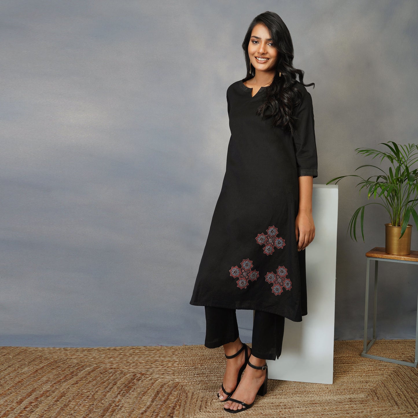 Black A Line Kurta with Handblock Ajrak Patch Work Set with Pants (Set of 2)