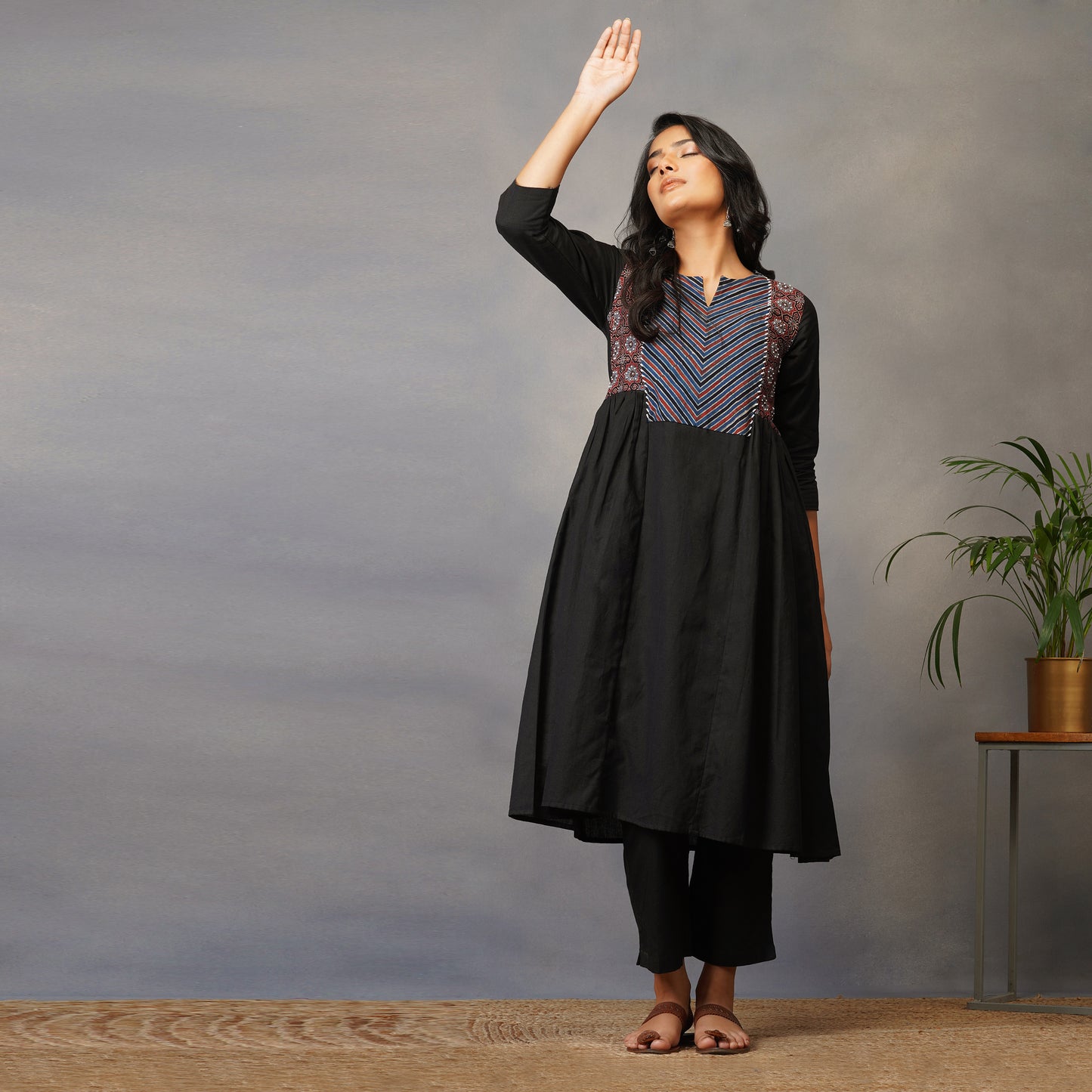 Black Side Panel Kurta with Handblock Ajrak