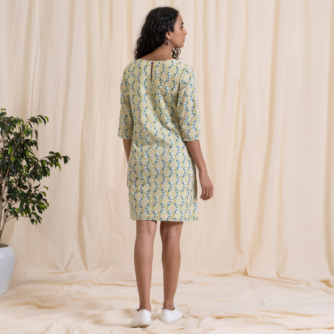 Yellow Green Shift Dress with Sleeves