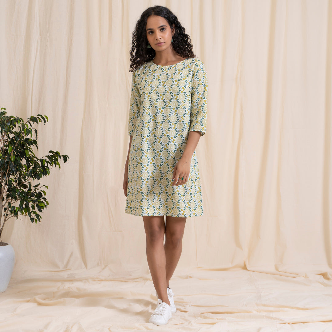 Yellow Green Shift Dress with Sleeves