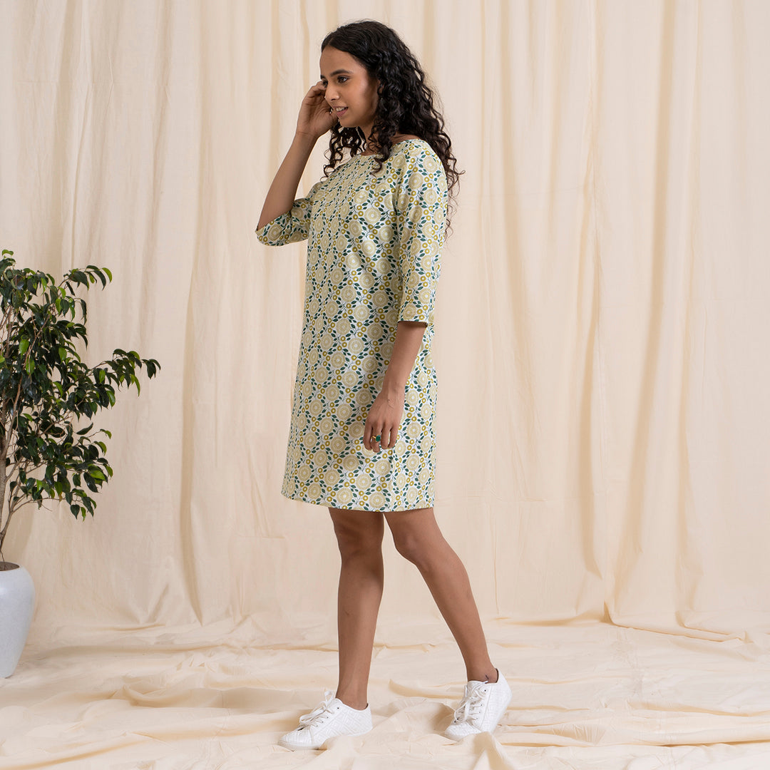 Yellow Green Shift Dress with Sleeves