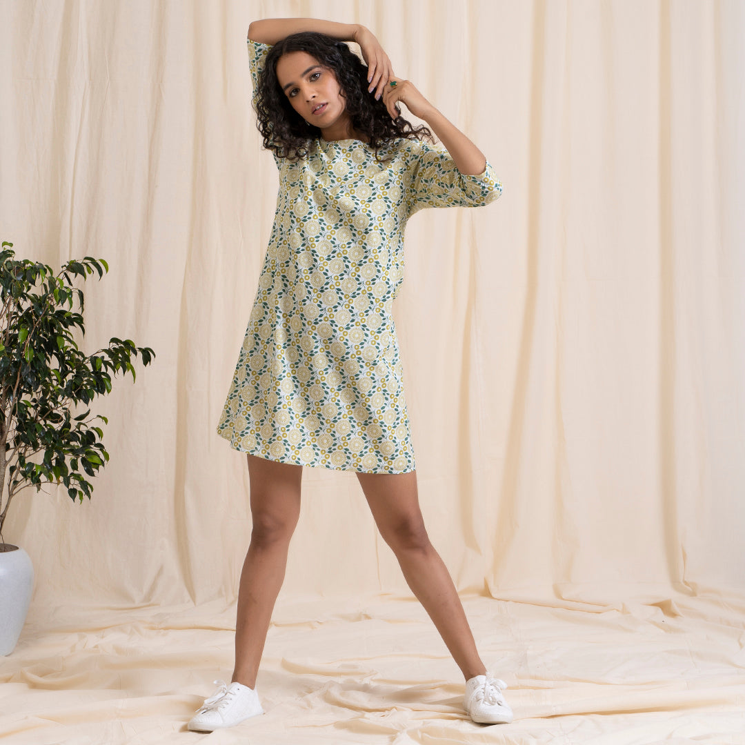 Yellow Green Shift Dress with Sleeves