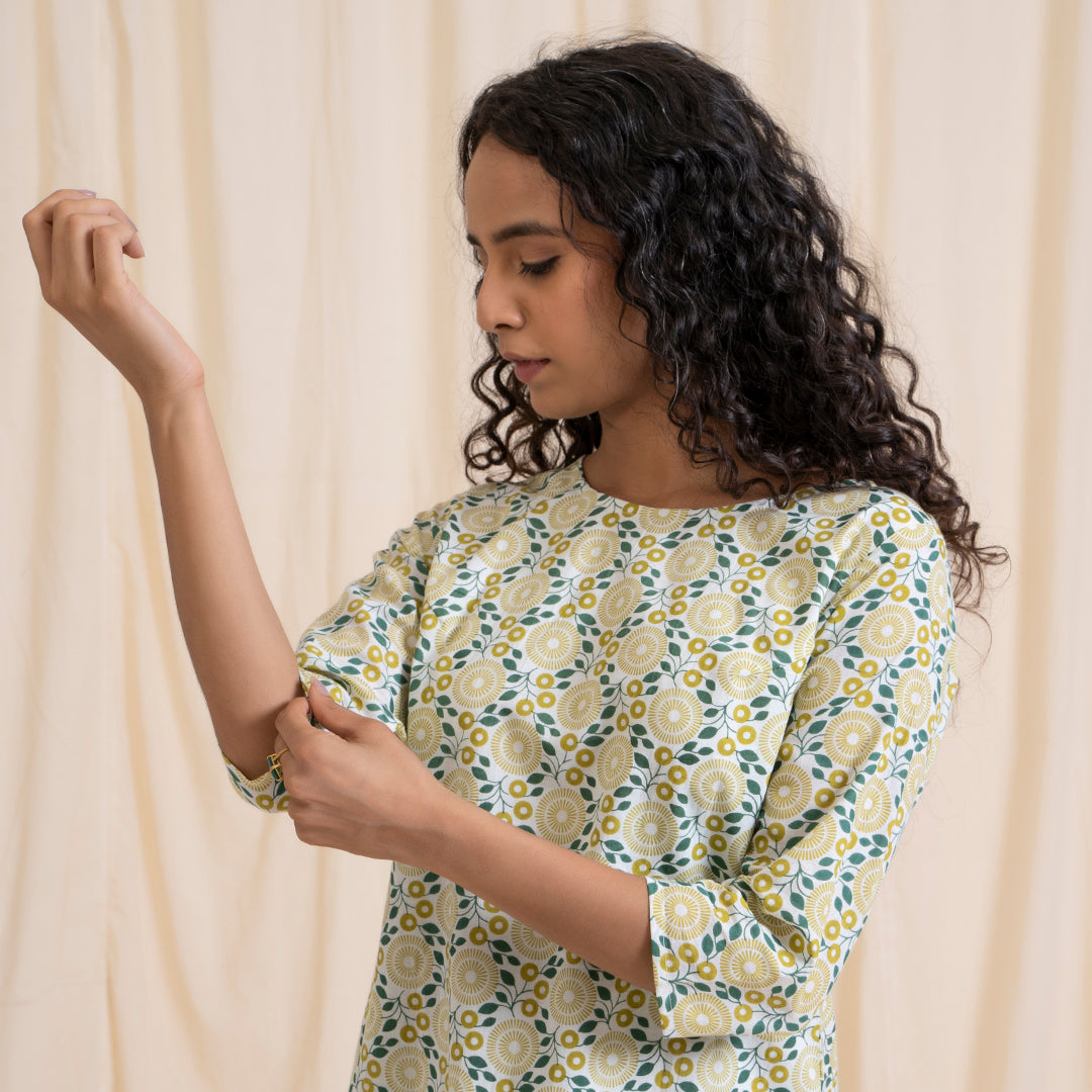 Yellow Green Shift Dress with Sleeves