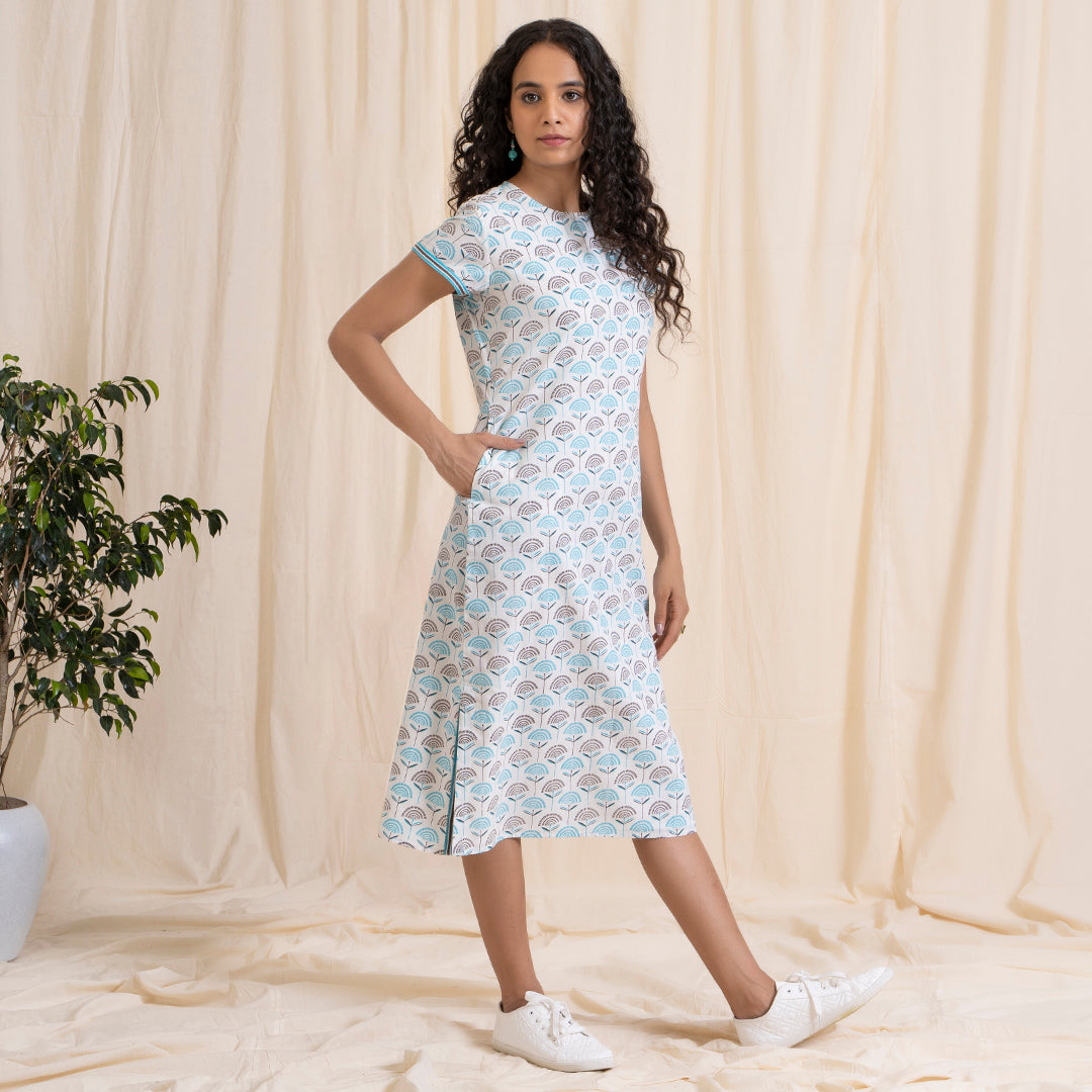 Blue Grey Print Midi with Slits