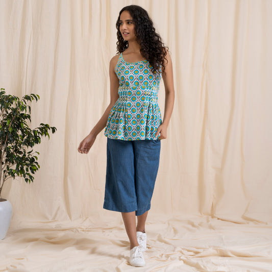 Blue Green Spaghetti Top with Cross Back