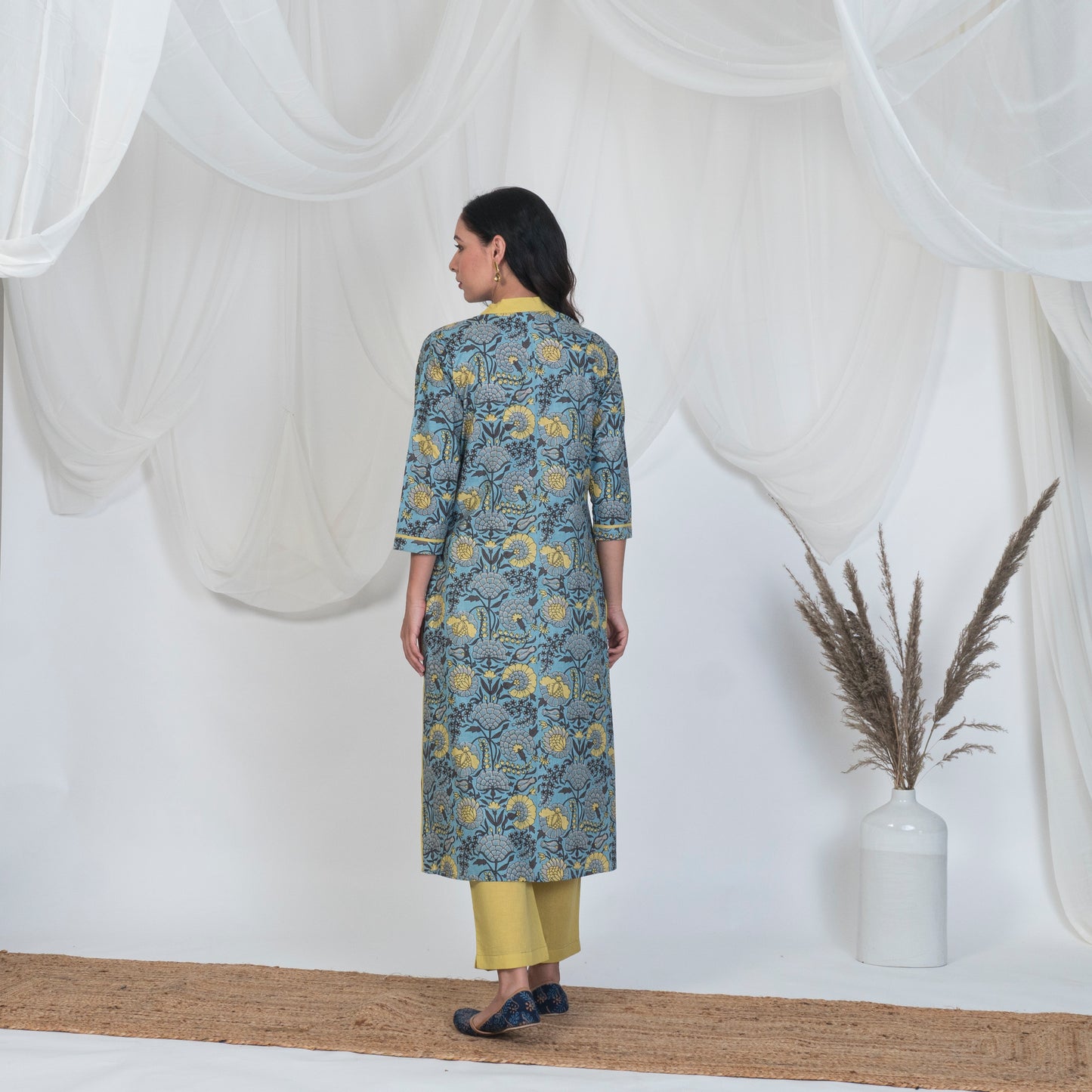 V Neck Kurta Set in Blue and Yellow with Solid pants and Embroidered Dupatta
