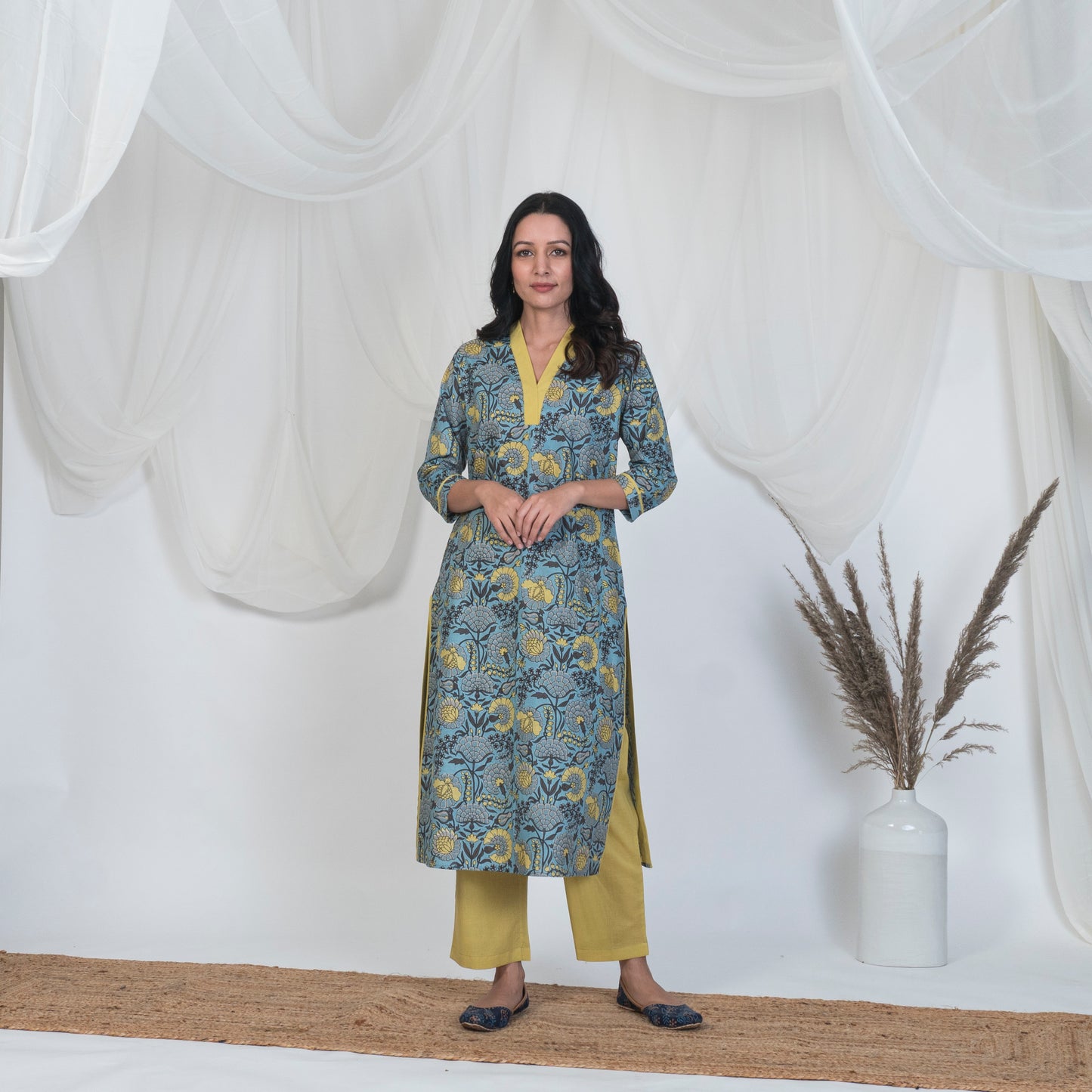 V Neck Kurta Set in Blue and Yellow with Solid pants and Embroidered Dupatta