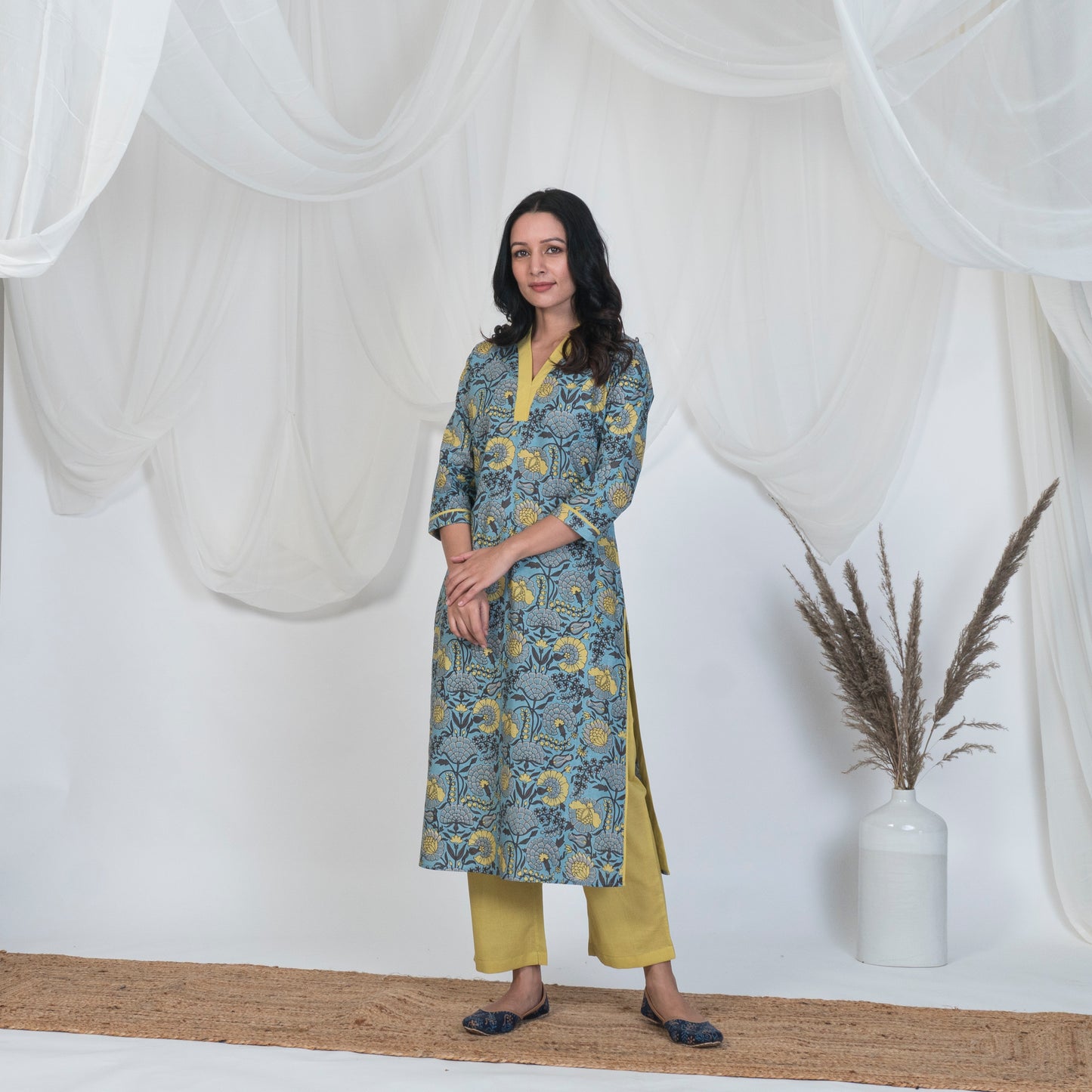 V Neck Kurta in Blue and Yellow