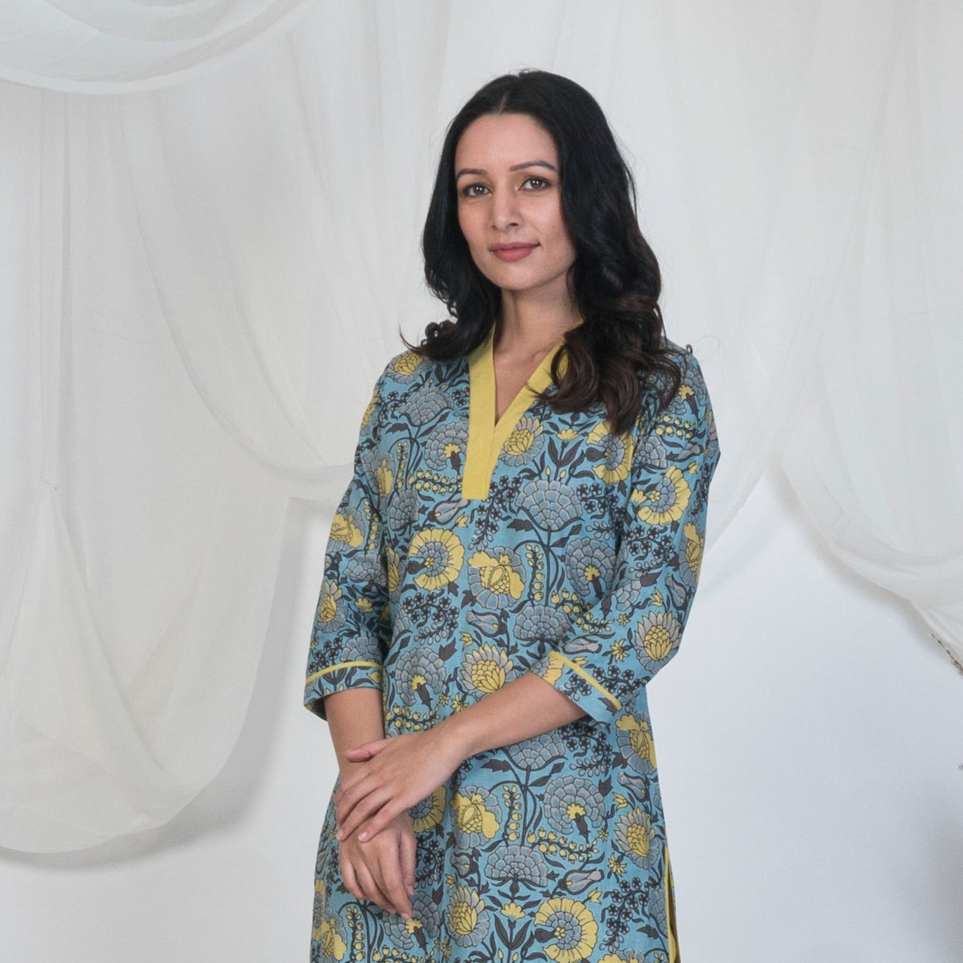 V Neck Kurta Set in Blue and Yellow with Solid pants and Embroidered Dupatta