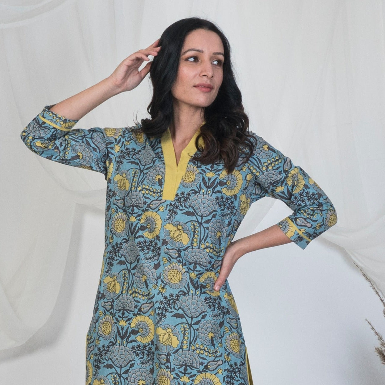 V Neck Kurta in Blue and Yellow