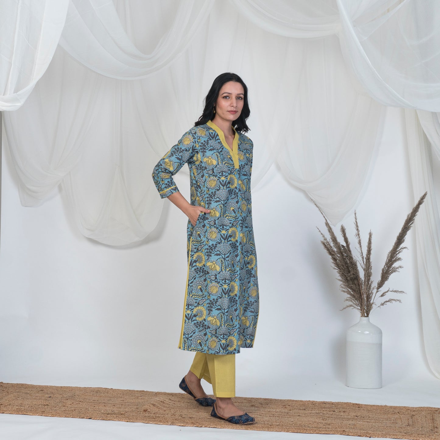 V Neck Kurta Set in Blue and Yellow with Solid pants and Embroidered Dupatta