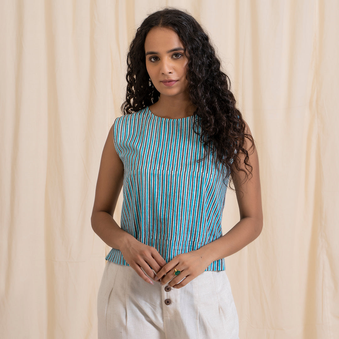 Blue Grey Stripped Crop Top