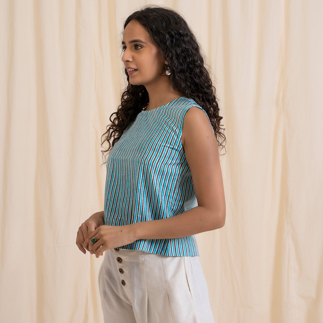 Blue Grey Stripped Crop Top