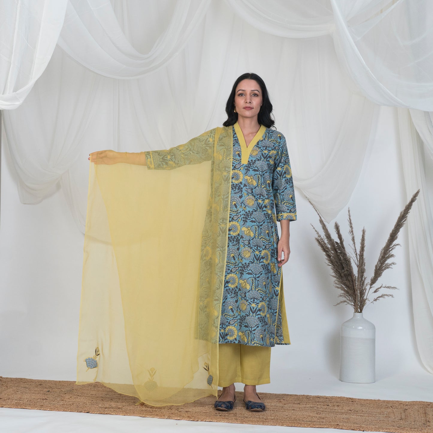 V Neck Kurta Set in Blue and Yellow with Solid pants and Embroidered Dupatta