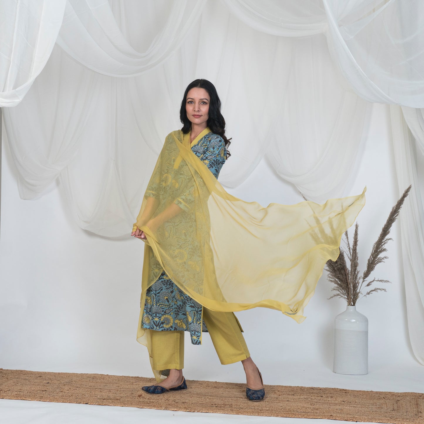 V Neck Kurta Set in Blue and Yellow with Solid pants and Embroidered Dupatta
