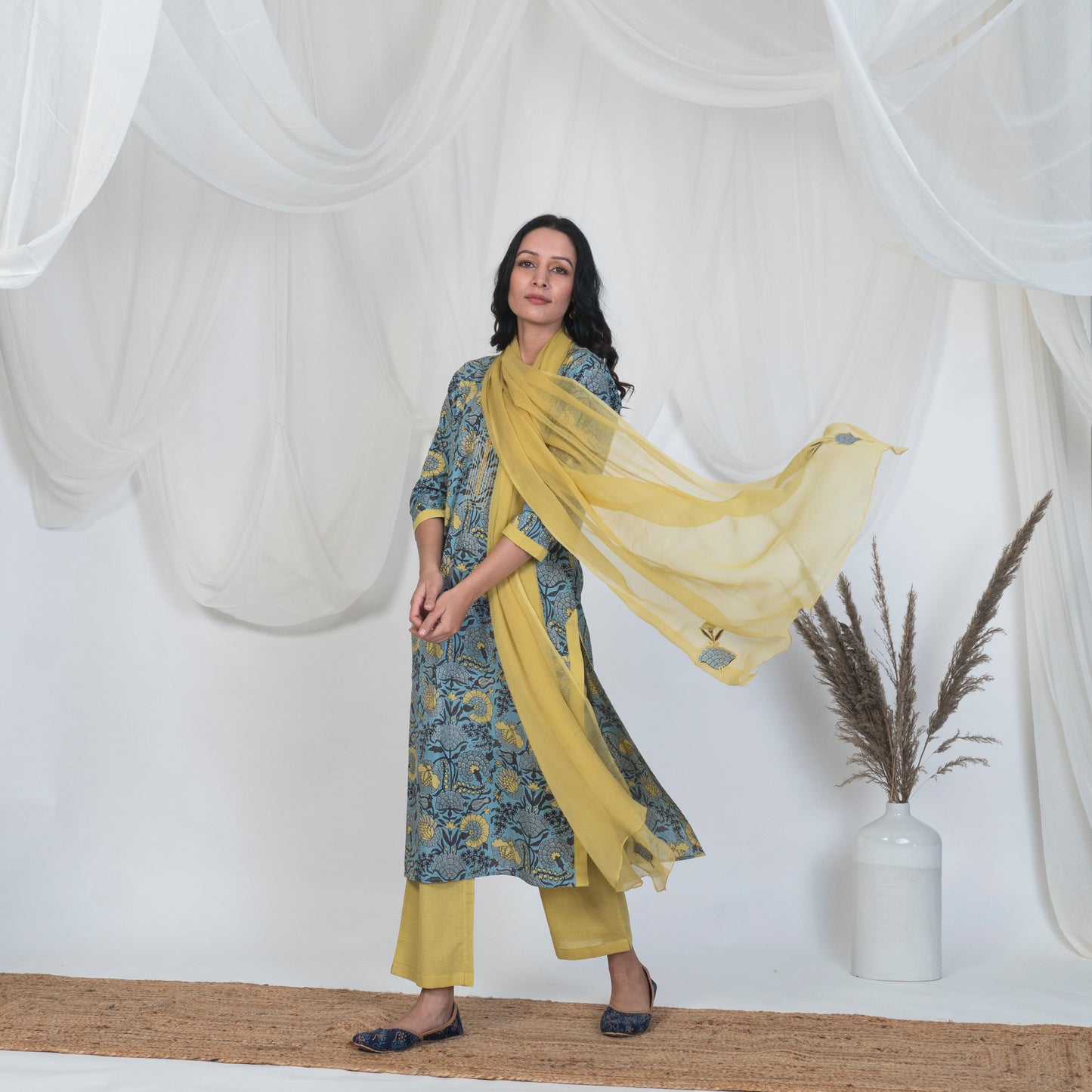 V Nech Kurta Set with Embroidery and Lace Detail in Blue and Yellow with solid pants and embroidered Dupatta