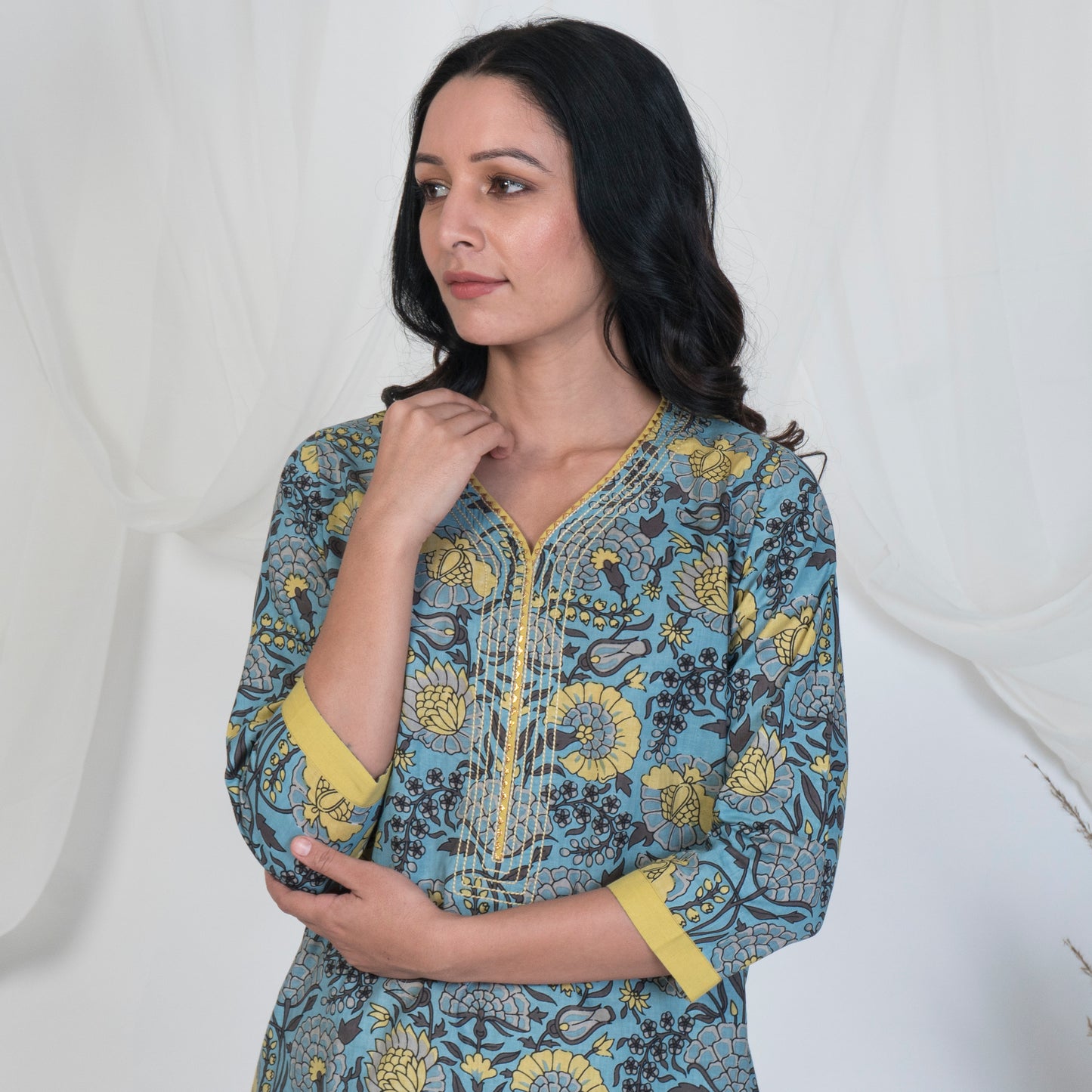 V Nech Kurta Set with Embroidery and Lace Detail in Blue and Yellow with solid pants and embroidered Dupatta