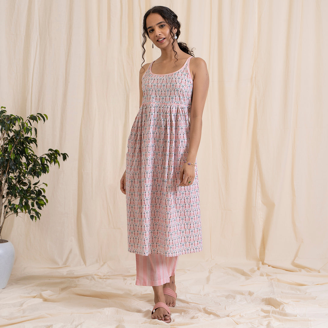 Pink Tribal Print Spaghetti Kurta