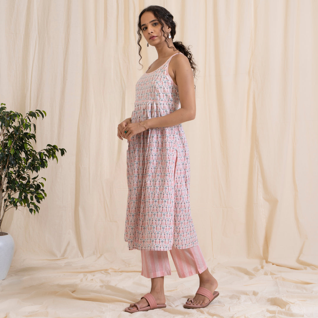 Pink Tribal Print Spaghetti Kurta