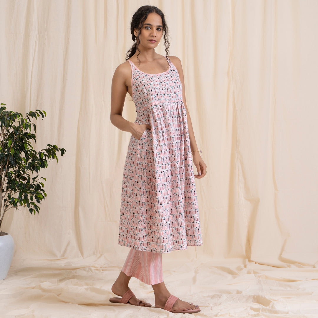 Pink Tribal Print Spaghetti Kurta