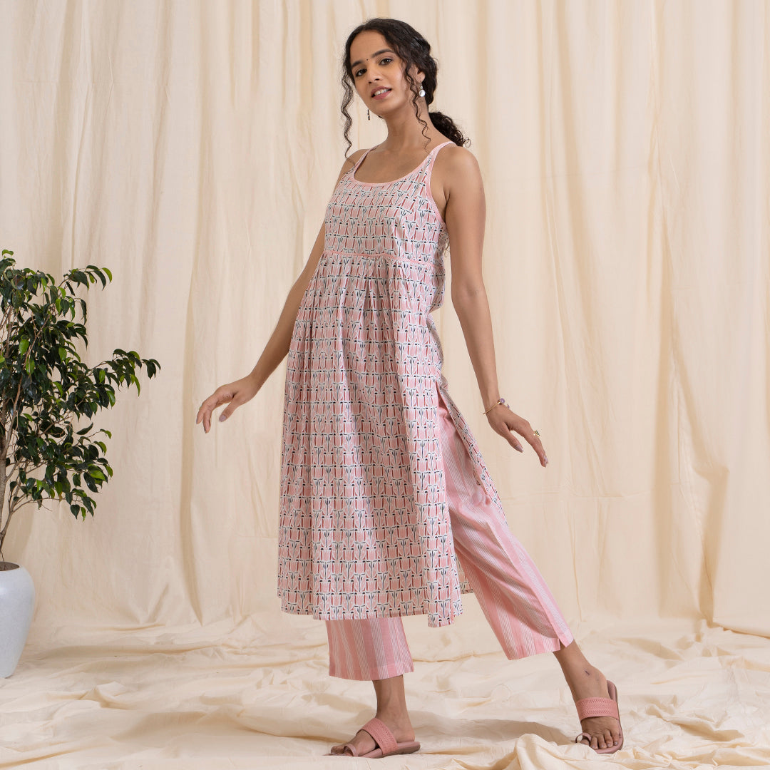 Pink Tribal Print Spaghetti Kurta