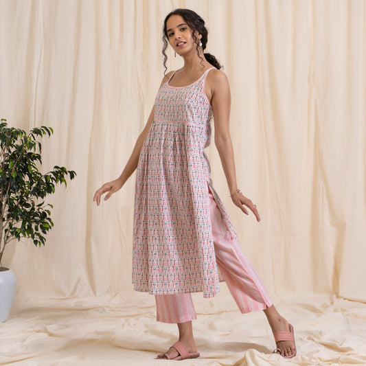 Pink Tribal Print Spaghetti Kurta