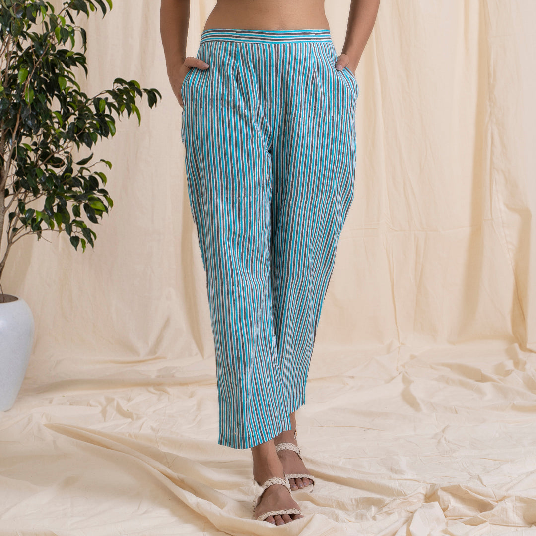 Straight Pajama Pants Blue Grey Stripes – - Main Image
