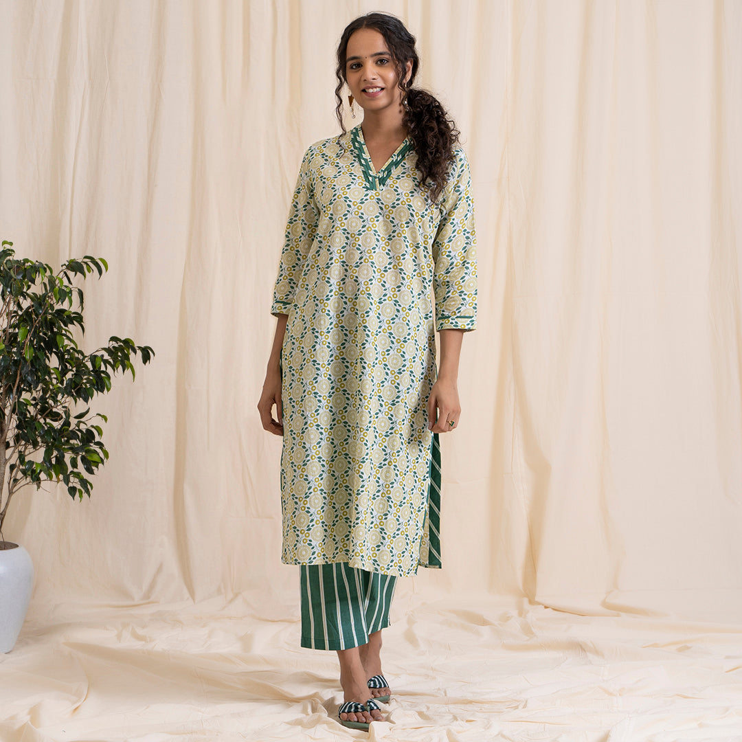 Yellow and Green Print V Nech Kurta