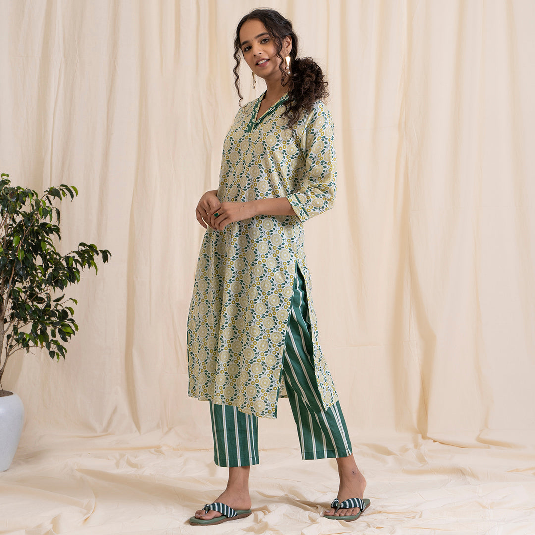 Yellow and Green Print V Nech Kurta