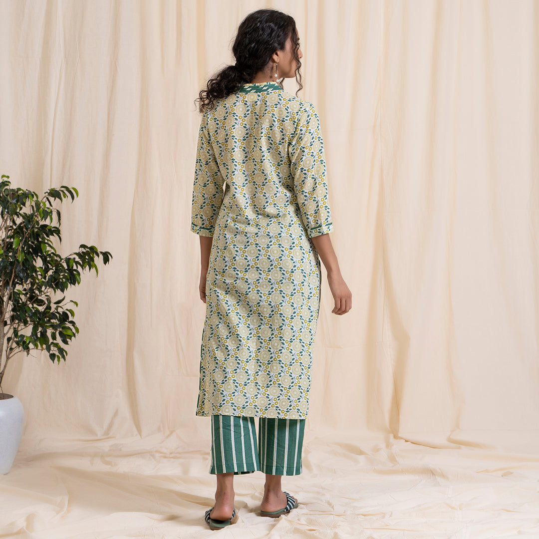 Yellow and Green Print V Nech Kurta