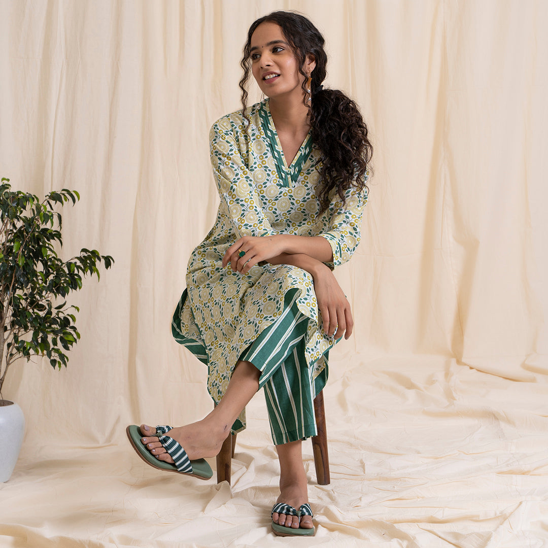 Yellow and Green Print V Nech Kurta
