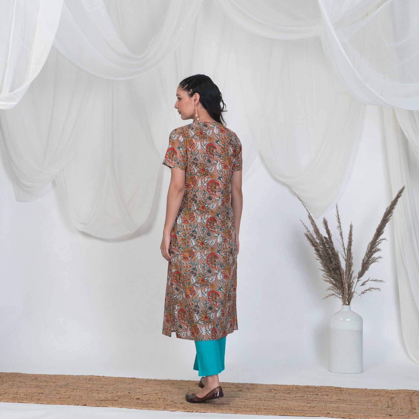 Hazel Brown Kurta Set with wooden buttons and Solid Pants