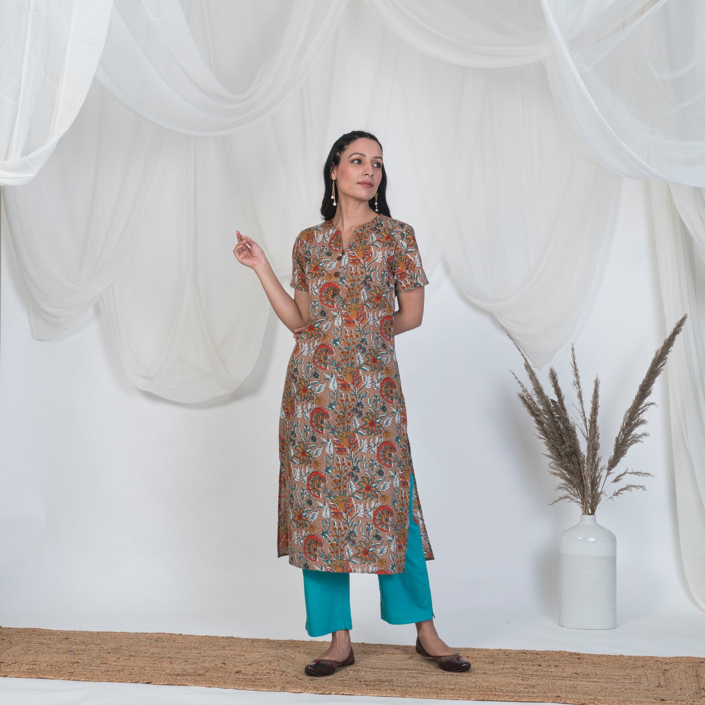 Hazel Brown Kurta with wooden buttons