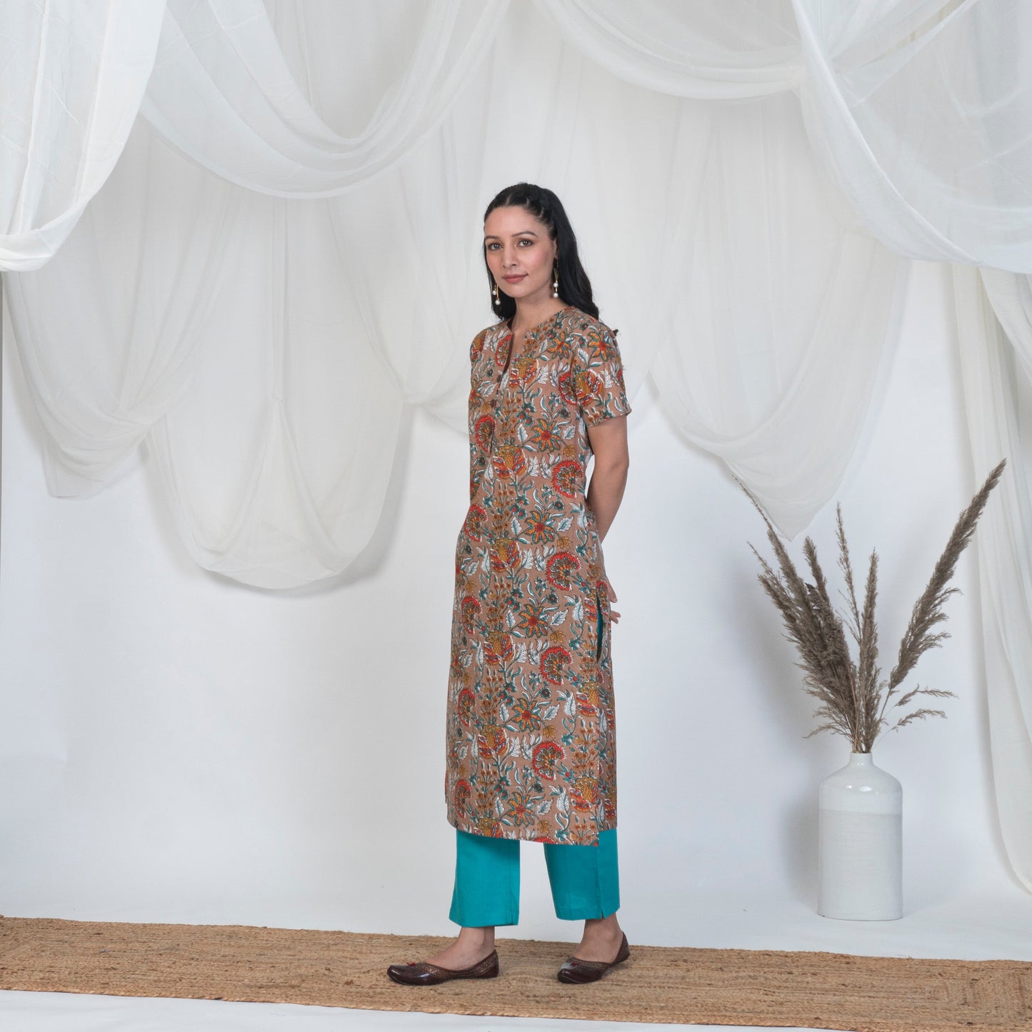 Hazel Brown Kurta Set with wooden buttons and Solid Pants