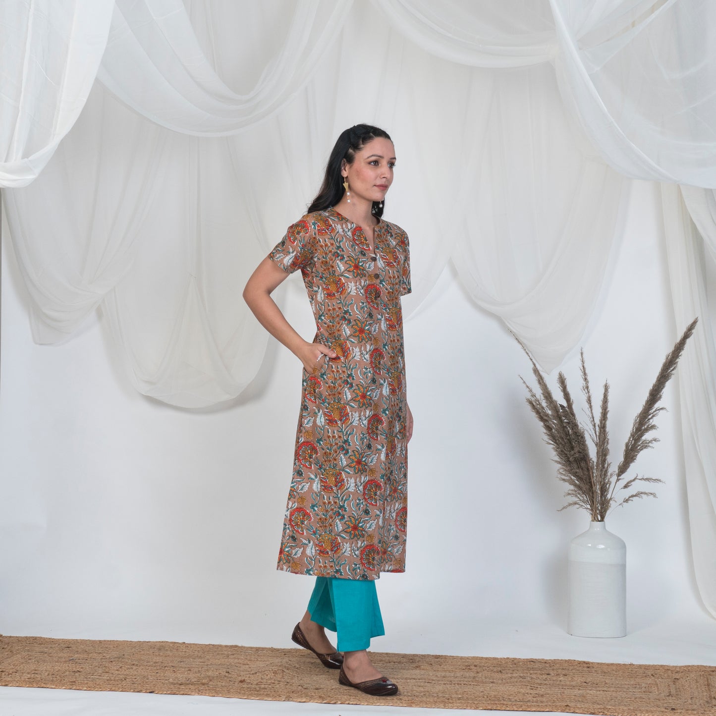 Hazel Brown Kurta with wooden buttons