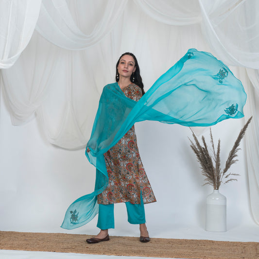 Blue Dupatta with Mughal Butta Embroidery